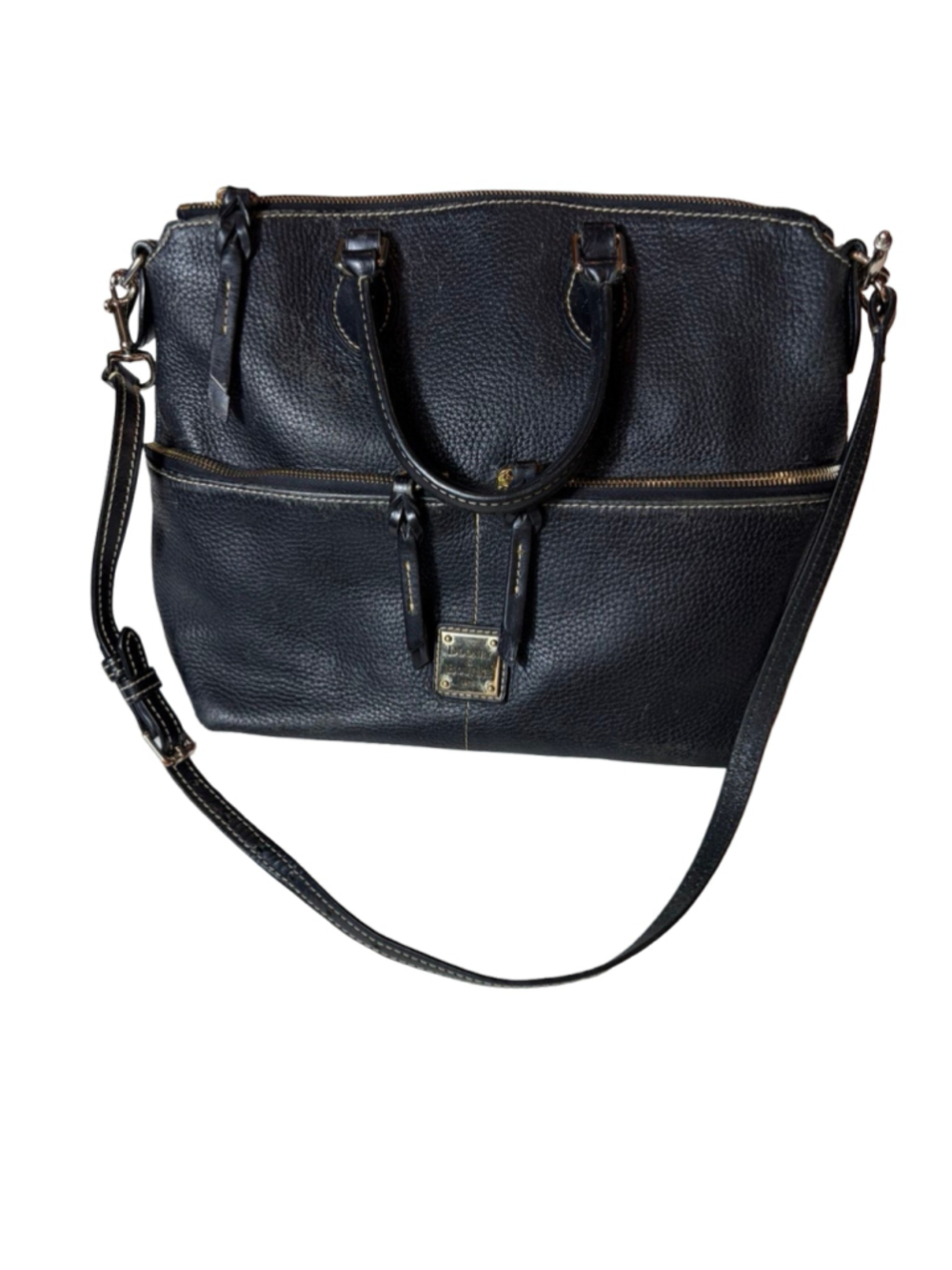 Dooney & Bourke Black Pebbled Leather Satchel Shoulder Bag Double Zip Pockets
